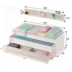 Conjunto de dormitorio Elliot cama nido + estante + cajón blanco gris