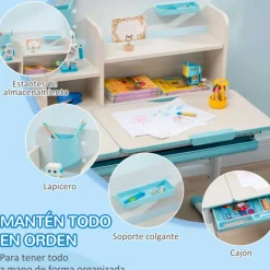 Conjunto de escritorio + silla Homcom con altura ajustable +3A blanco/azul 88/109x88x52 cm