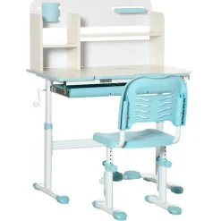 Conjunto de escritorio + silla Homcom con altura ajustable +3A blanco/azul 88/109x88x52 cm