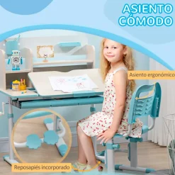 Conjunto de escritorio + silla Homcom con altura ajustable +3A blanco/azul 88/109x88x52 cm