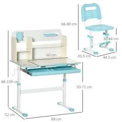 Conjunto de escritorio + silla Homcom con altura ajustable +3A blanco/azul 88/109x88x52 cm