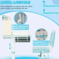 Conjunto de escritorio + silla Homcom con altura ajustable +3A blanco/azul 88/109x88x52 cm