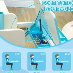 Conjunto de escritorio + silla Homcom con altura ajustable +3A blanco/azul 88/109x88x52 cm