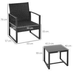 Conjunto de exterior Mar Outsunny mesa + 2 sillones negro