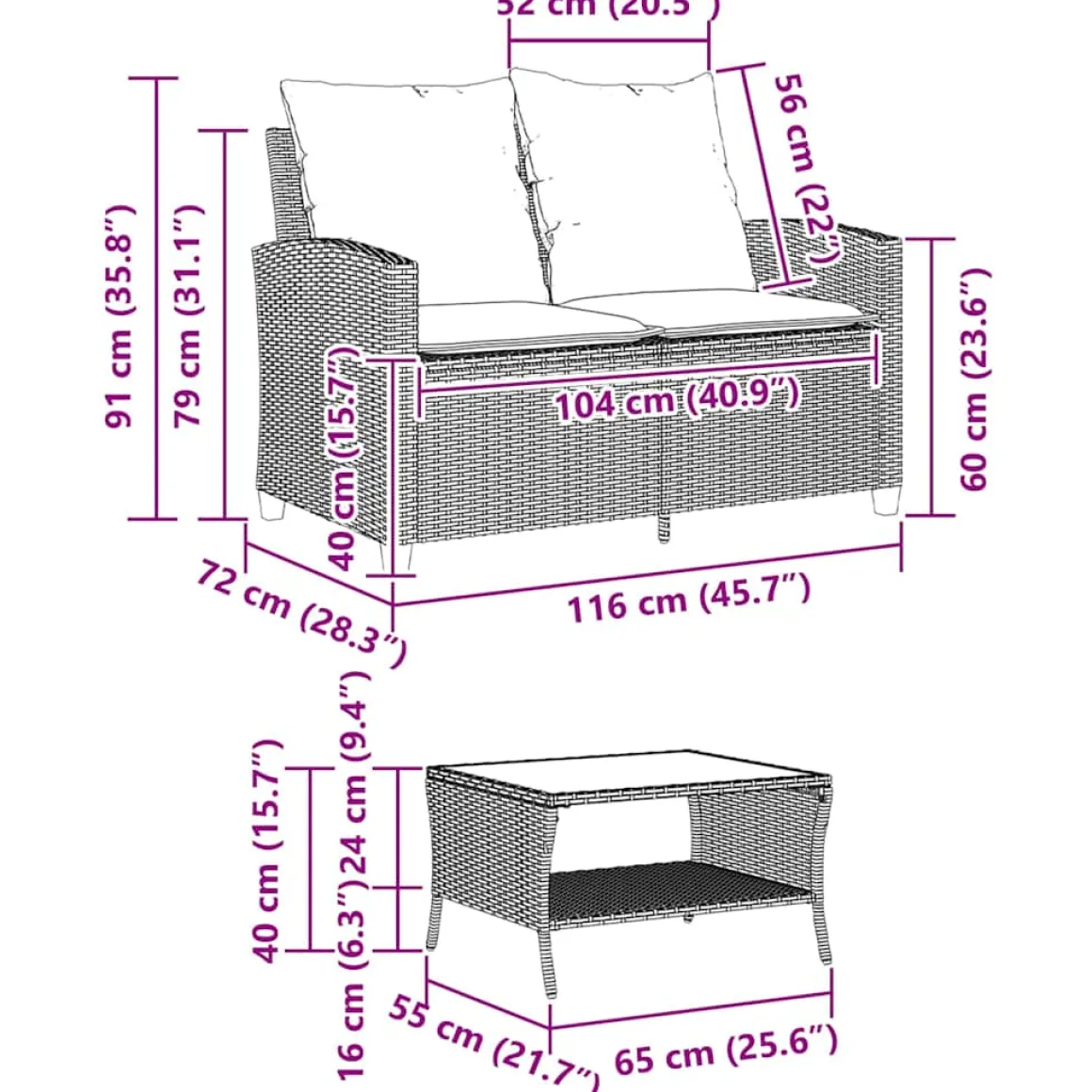 Conjunto de jardín Abril sofá doble + mesa