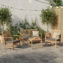 Conjunto de jardín Acacia sofá + 2 sillas + mesa natural/gris