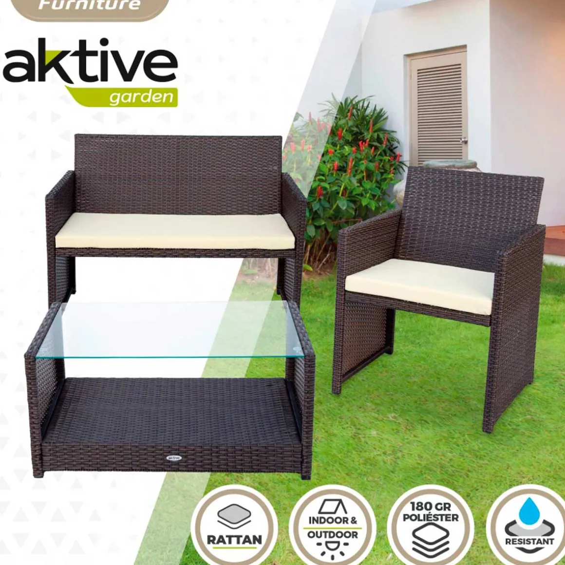 Conjunto de jardín Aktive Garden 2 sillones+1 sofá+ 1 mesa negro/crema