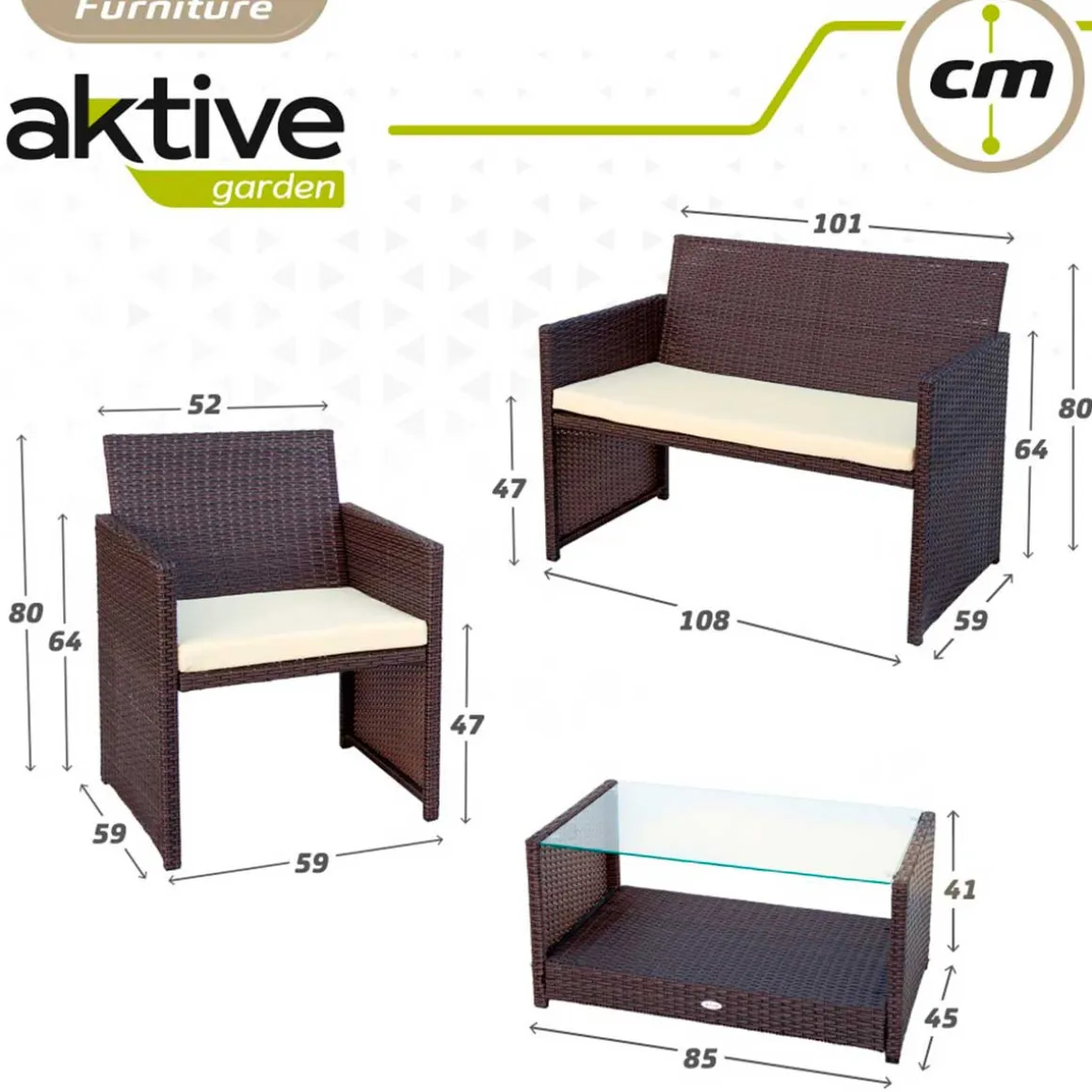 Conjunto de jardín Aktive Garden 2 sillones+1 sofá+ 1 mesa negro/crema