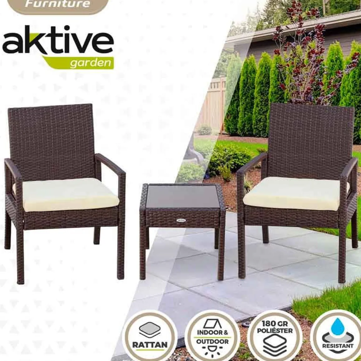 Conjunto de jardín Aktive Garden 2 sillones con cojín+mesita ratán sintético negro
