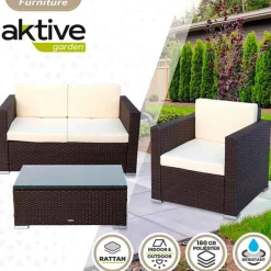 Conjunto de jardín Aktive Garden 2 sillones+sofá+mesita con coijnes ratán sintético negro