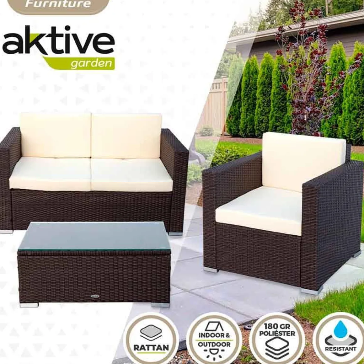 Conjunto de jardín Aktive Garden 2 sillones+sofá+mesita con coijnes ratán sintético negro
