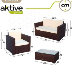 Conjunto de jardín Aktive Garden 2 sillones+sofá+mesita con coijnes ratán sintético negro