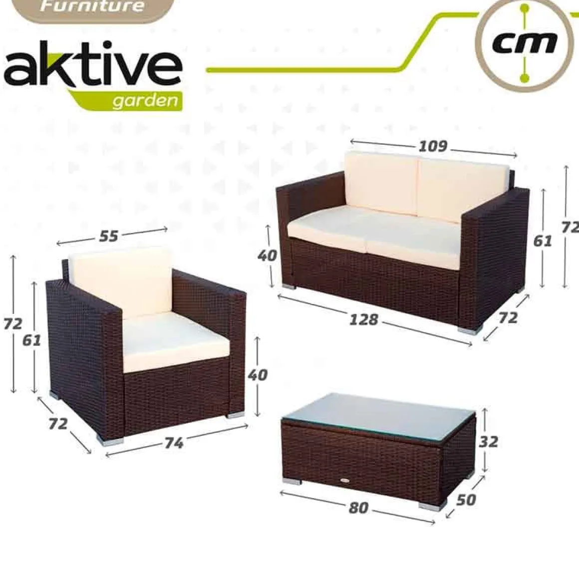 Conjunto de jardín Aktive Garden 2 sillones+sofá+mesita con coijnes ratán sintético negro