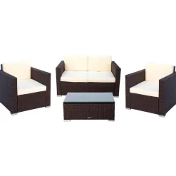 Conjunto de jardín Aktive Garden 2 sillones+sofá+mesita con coijnes ratán sintético negro