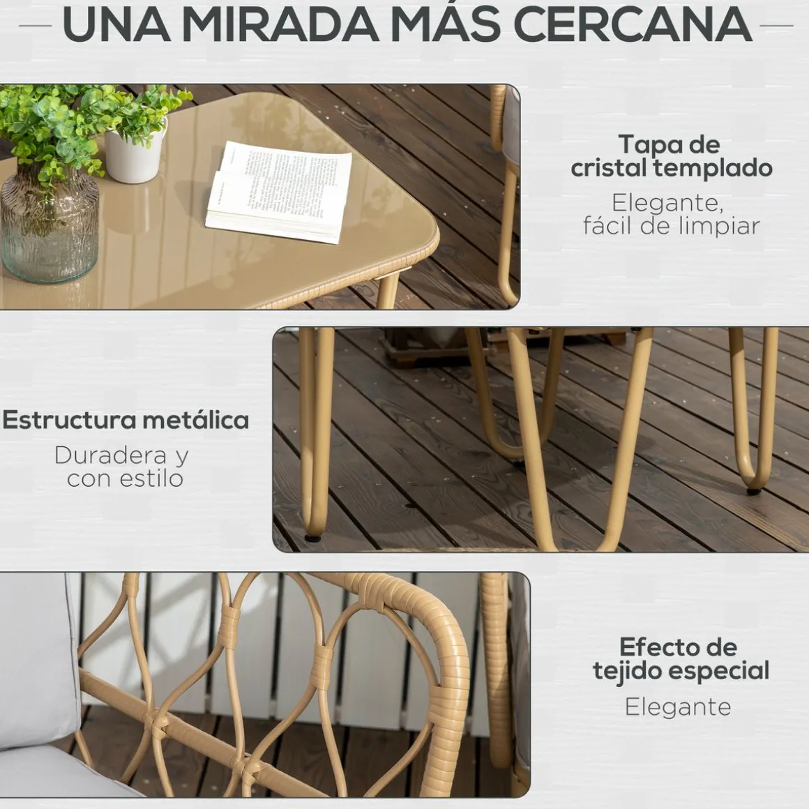 Conjunto de jardín Bango Outsunny 3 sillones + 1 mesa gris/natural