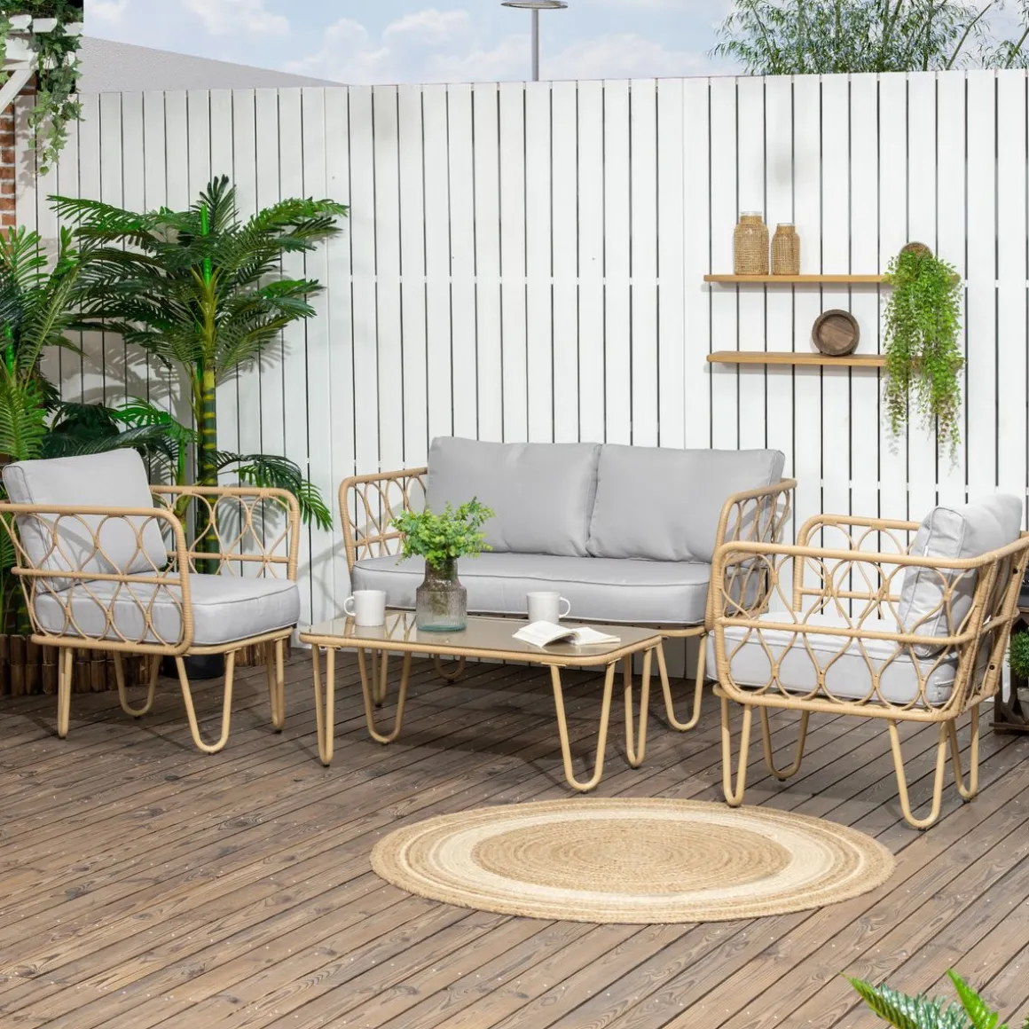 Conjunto de jardín Bango Outsunny 3 sillones + 1 mesa gris/natural