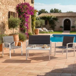 Conjunto de jardín Elba sofá doble + 2 sillas + mesa blanco/marrón