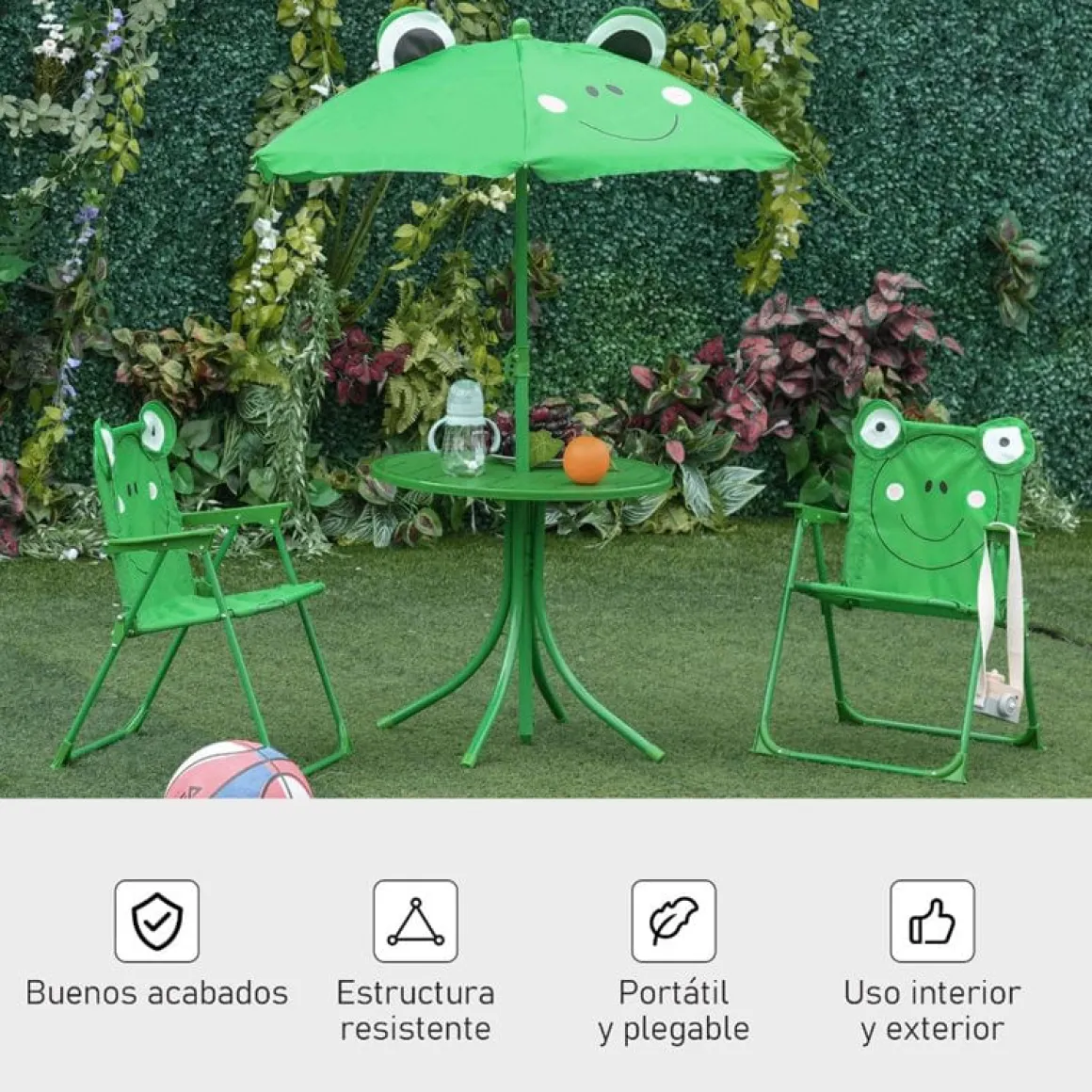 Conjunto de jardín infantil Outsunny mesa+2 sillas+sombrilla diseño rana verde