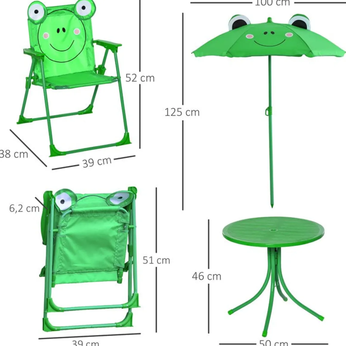 Conjunto de jardín infantil Outsunny mesa+2 sillas+sombrilla diseño rana verde
