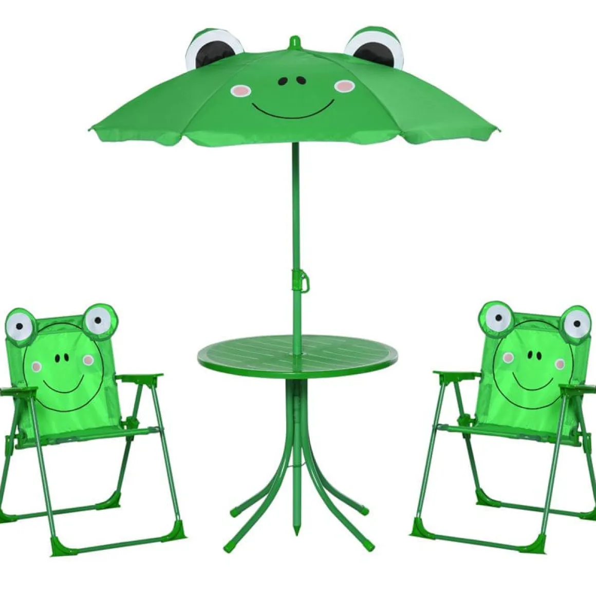 Conjunto de jardín infantil Outsunny mesa+2 sillas+sombrilla diseño rana verde