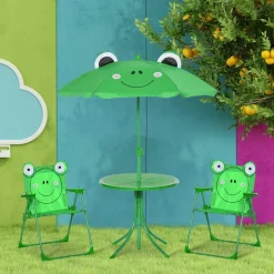 Conjunto de jardín infantil Outsunny mesa+2 sillas+sombrilla diseño rana verde