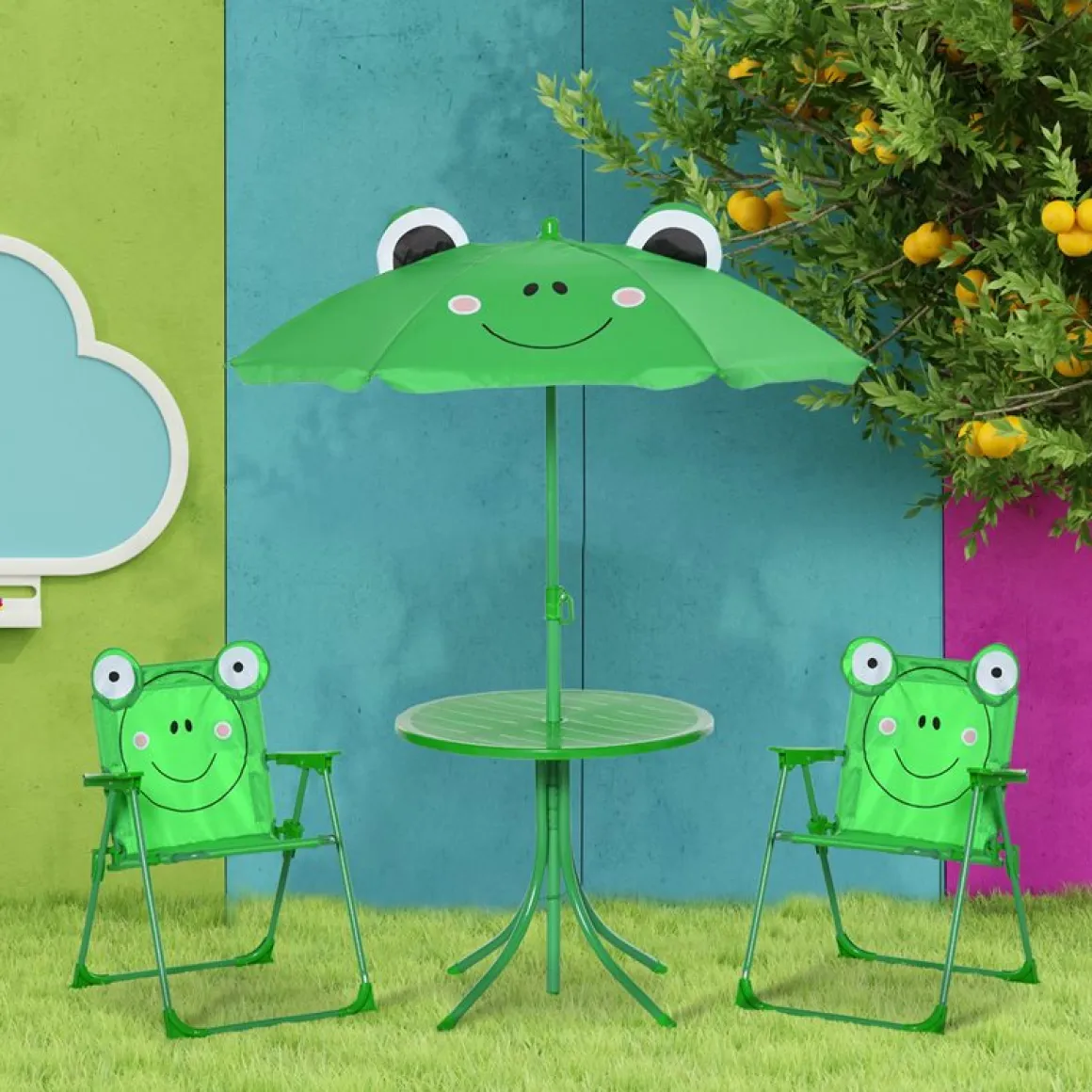 Conjunto de jardín infantil Outsunny mesa+2 sillas+sombrilla diseño rana verde