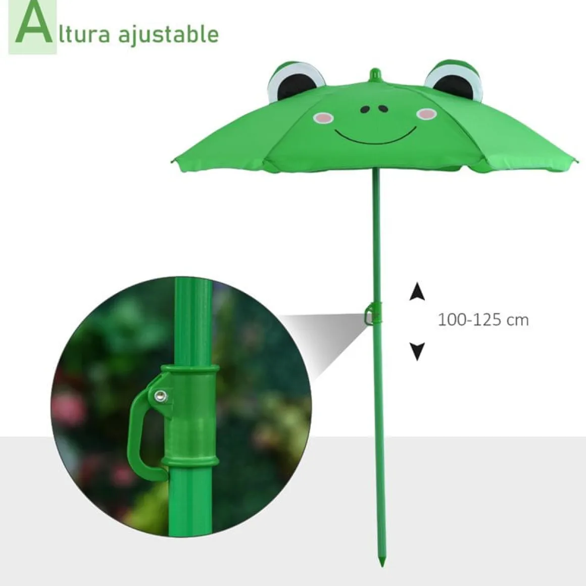 Conjunto de jardín infantil Outsunny mesa+2 sillas+sombrilla diseño rana verde