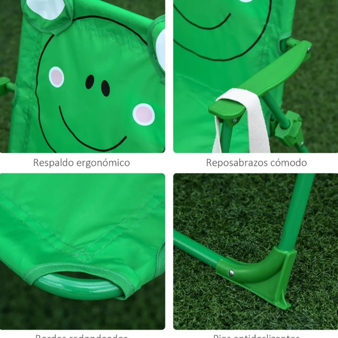 Conjunto de jardín infantil Outsunny mesa+2 sillas+sombrilla diseño rana verde