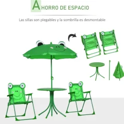 Conjunto de jardín infantil Outsunny mesa+2 sillas+sombrilla diseño rana verde