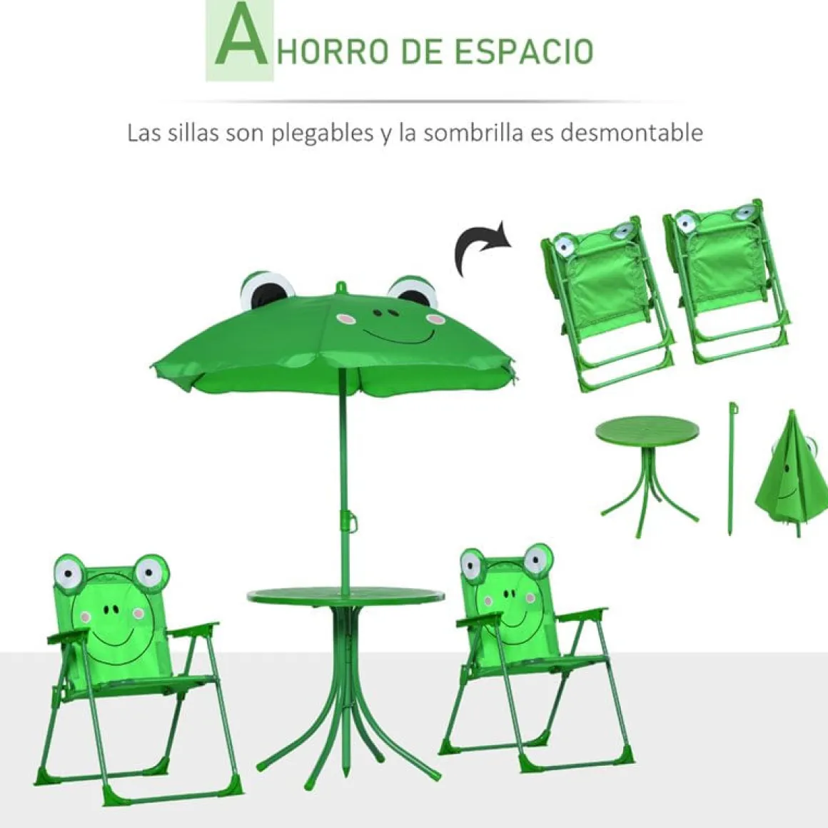 Conjunto de jardín infantil Outsunny mesa+2 sillas+sombrilla diseño rana verde