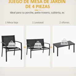 Conjunto de jardín Jeff Outsunny 3 sillones + 1 mesa negro