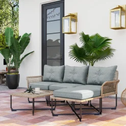 Conjunto de jardín Madagascar Outsunny sofá modular de 4 piezas + mesa natural/gris