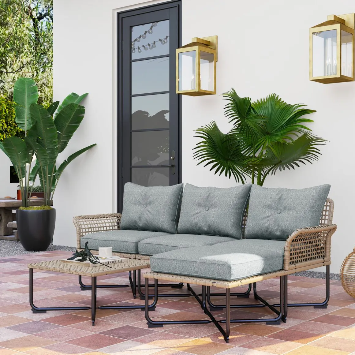 Conjunto de jardín Madagascar Outsunny sofá modular de 4 piezas + mesa natural/gris