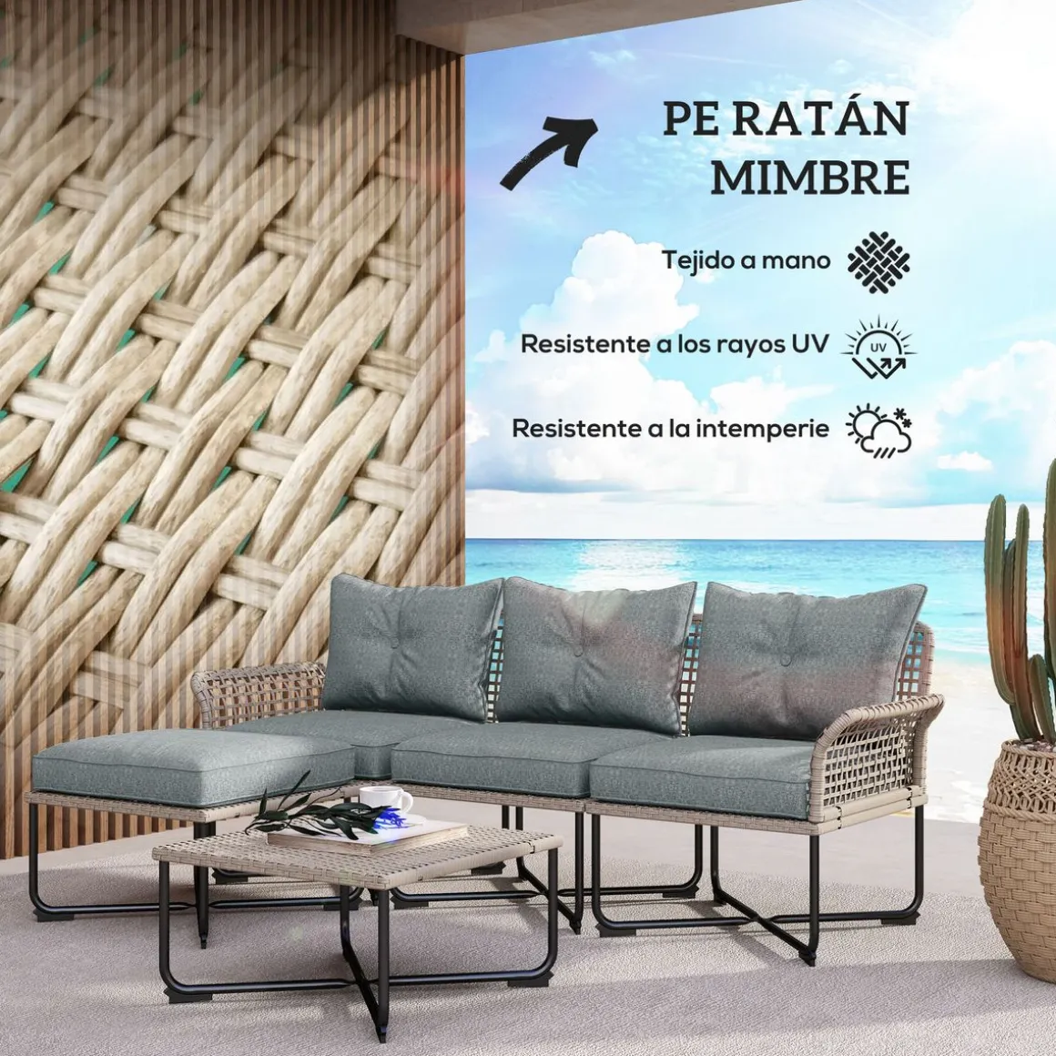 Conjunto de jardín Madagascar Outsunny sofá modular de 4 piezas + mesa natural/gris