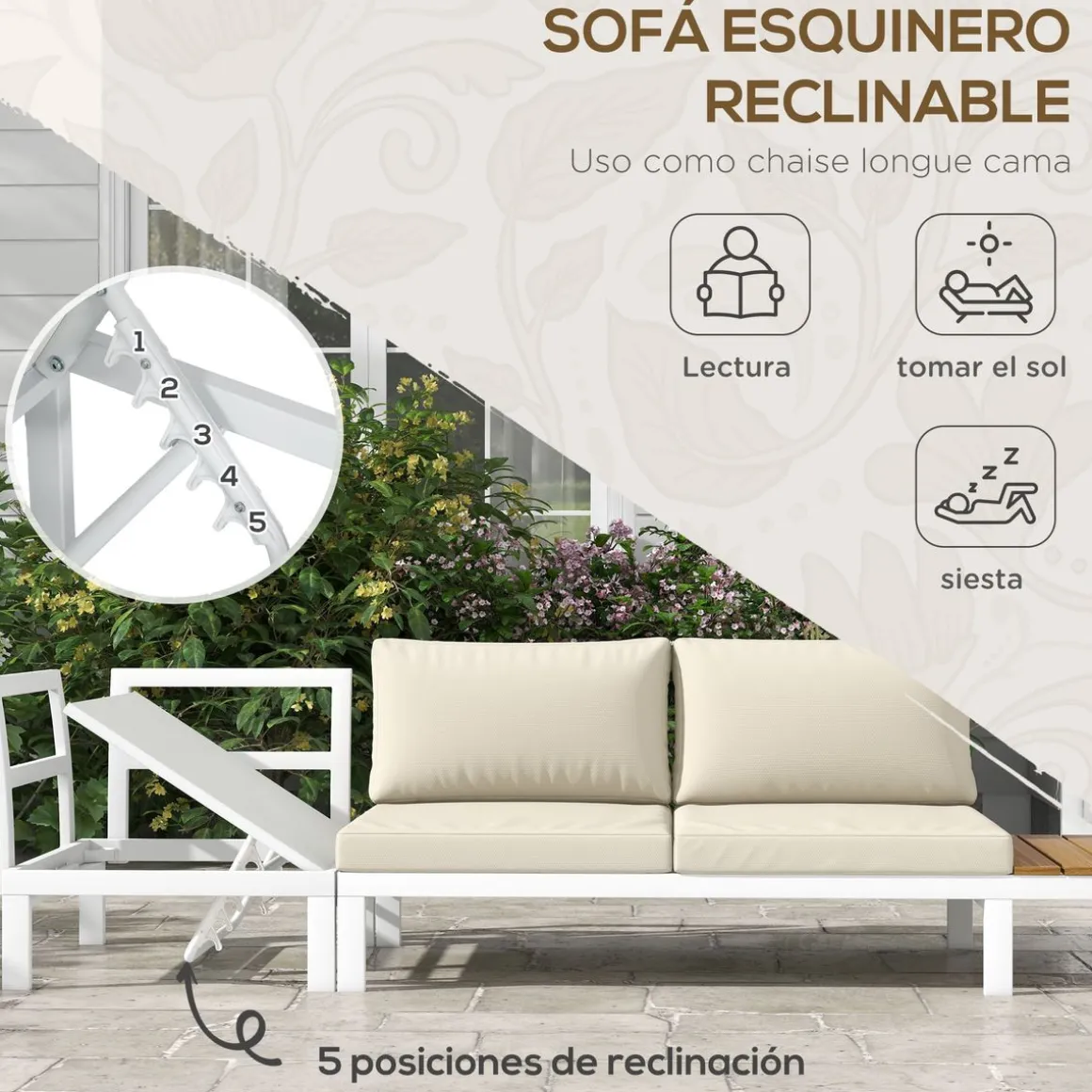 Conjunto de jardín Manila Outsunny sofá reclinable + mesa crema