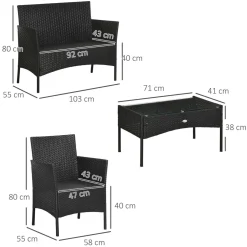 Conjunto de jardín Martín Outsunny 3 sillones + 1 mesa negro/crema