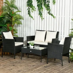 Conjunto de jardín Martín Outsunny 3 sillones + 1 mesa negro/crema
