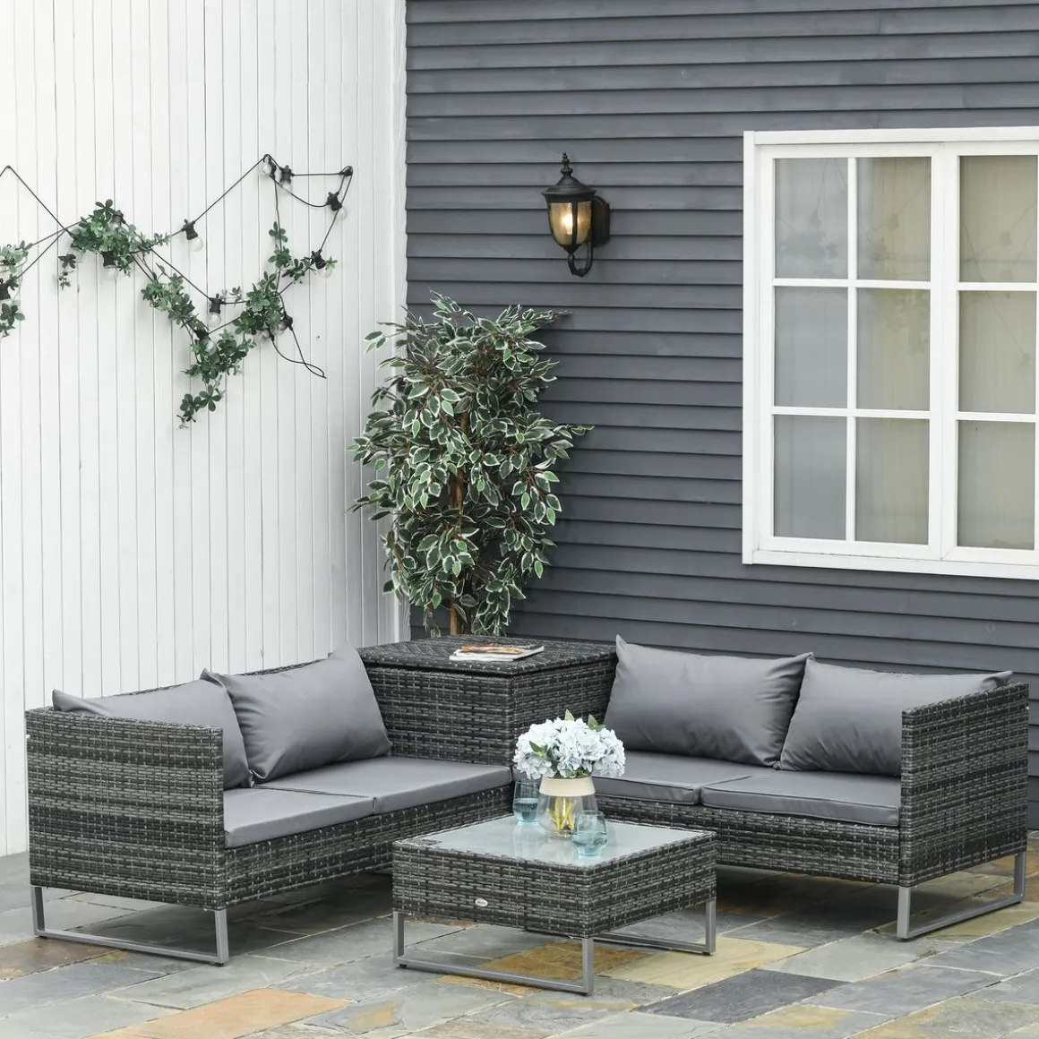 Conjunto de jardín Okavango Outsunny 2 sofás con cojines + 2 mesas gris