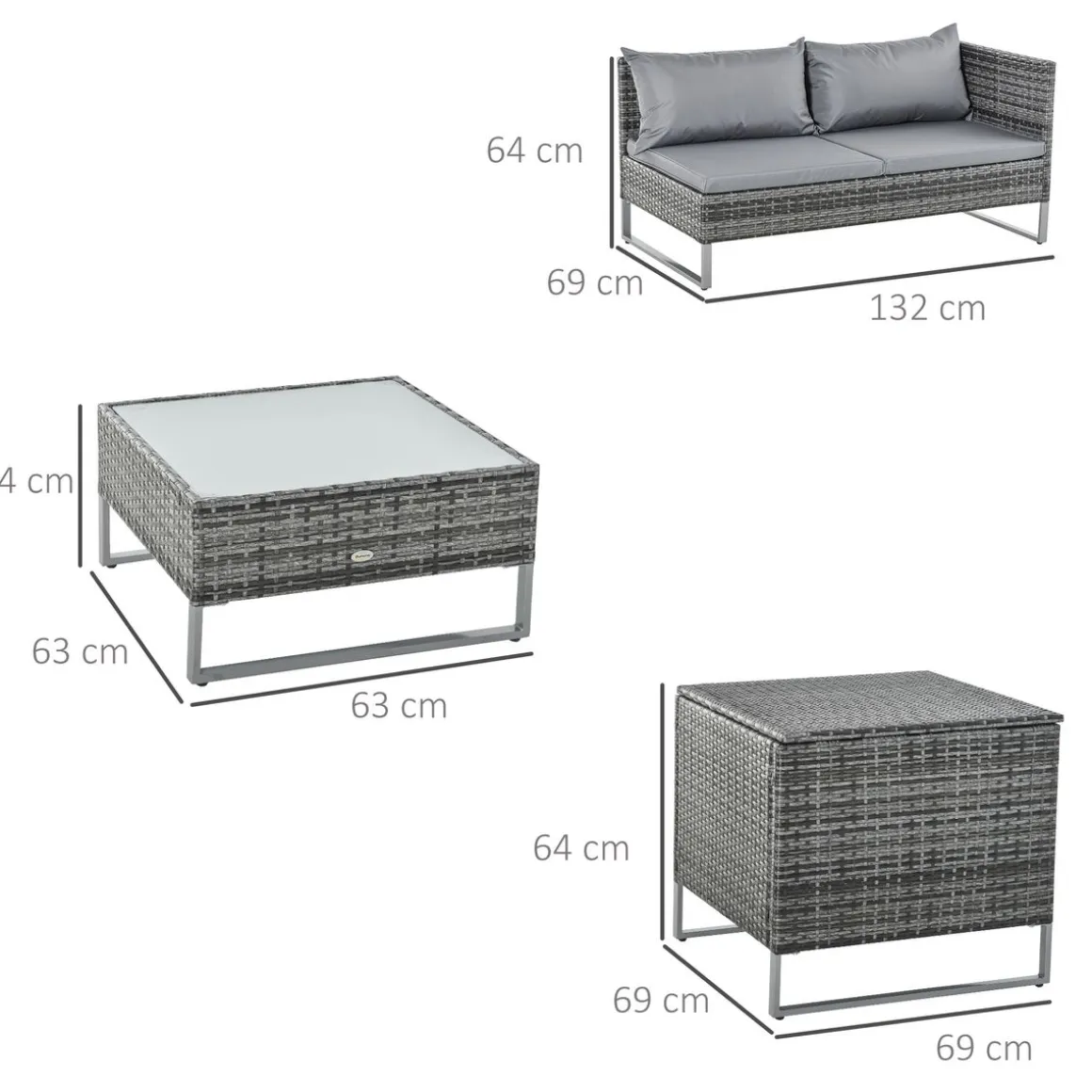 Conjunto de jardín Okavango Outsunny 2 sofás con cojines + 2 mesas gris