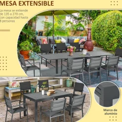 Conjunto de jardín Outsunny 1 mesa extensible + 8 sillas apilables gris