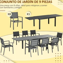 Conjunto de jardín Outsunny 1 mesa extensible + 8 sillas apilables gris
