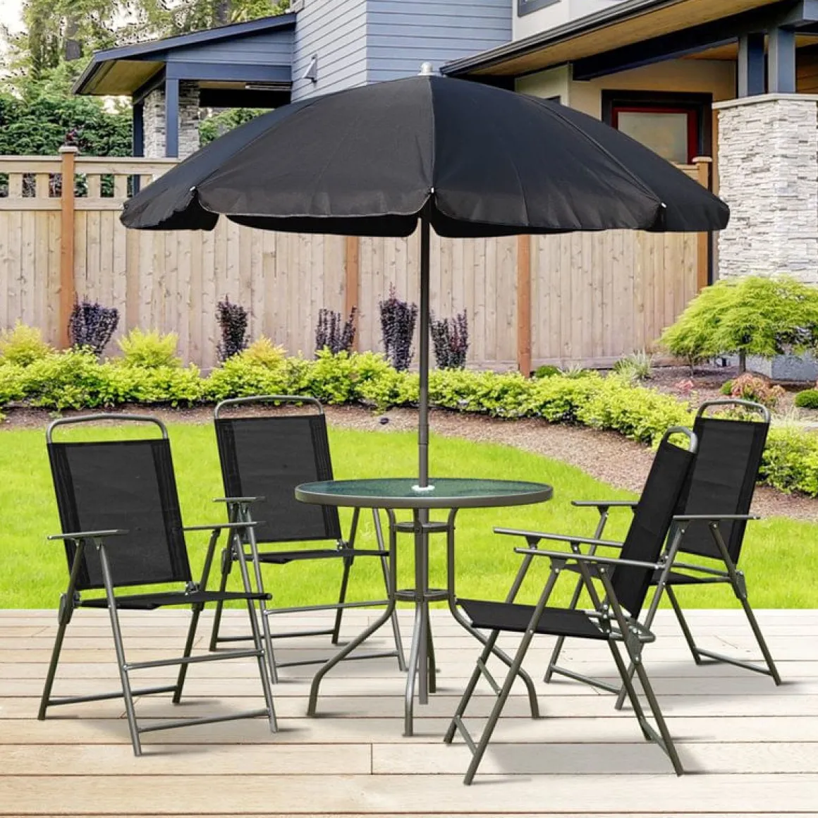 Conjunto de jardín Outsunny 4 sillas+mesa+sombrilla negro