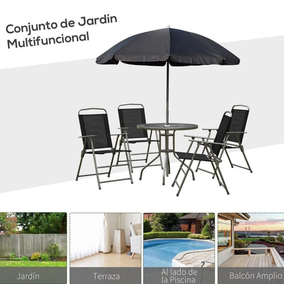 Conjunto de jardín Outsunny 4 sillas+mesa+sombrilla negro