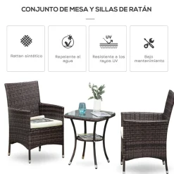 Conjunto de jardín Outsunny mesa + 2 sillones ratán marrón