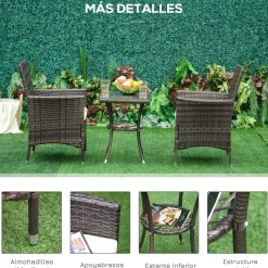 Conjunto de jardín Outsunny mesa + 2 sillones ratán marrón