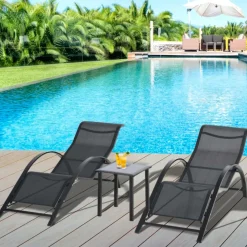 Conjunto de jardín Outsunny 2 tumbonas + 1 mesa de vidrio negro