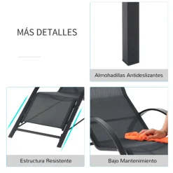 Conjunto de jardín Outsunny 2 tumbonas + 1 mesa de vidrio negro