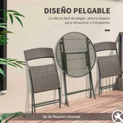Conjunto de jardín Outsunny mesa+2 sillas plegables poliratán marrón