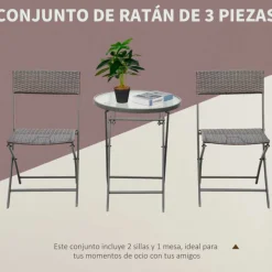 Conjunto de jardín Outsunny mesa+2 sillas plegables poliratán marrón