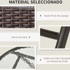 Conjunto de jardín Outsunny mesa+2 sillas plegables poliratán marrón